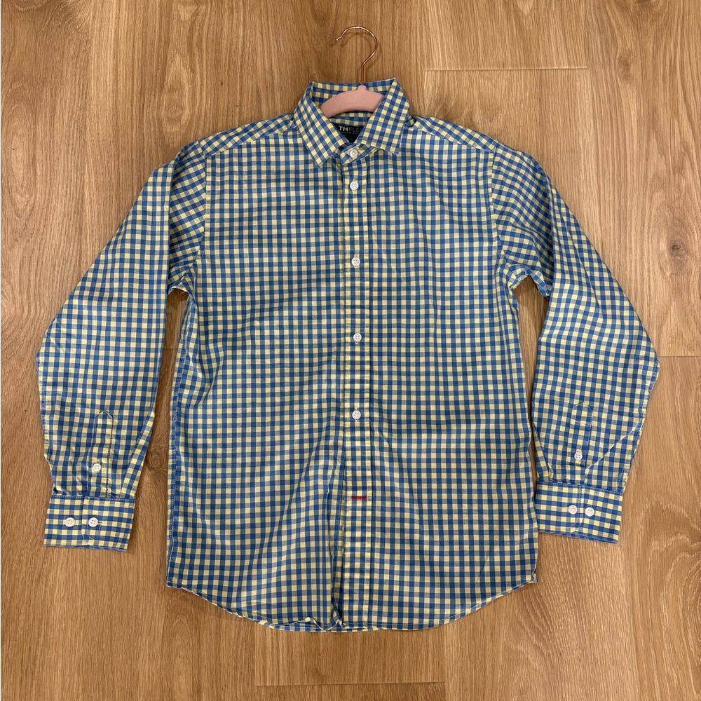 Tommy Hilfiger The Flex Boys Dress Shirt Size 12 Blue Yellow Gingham